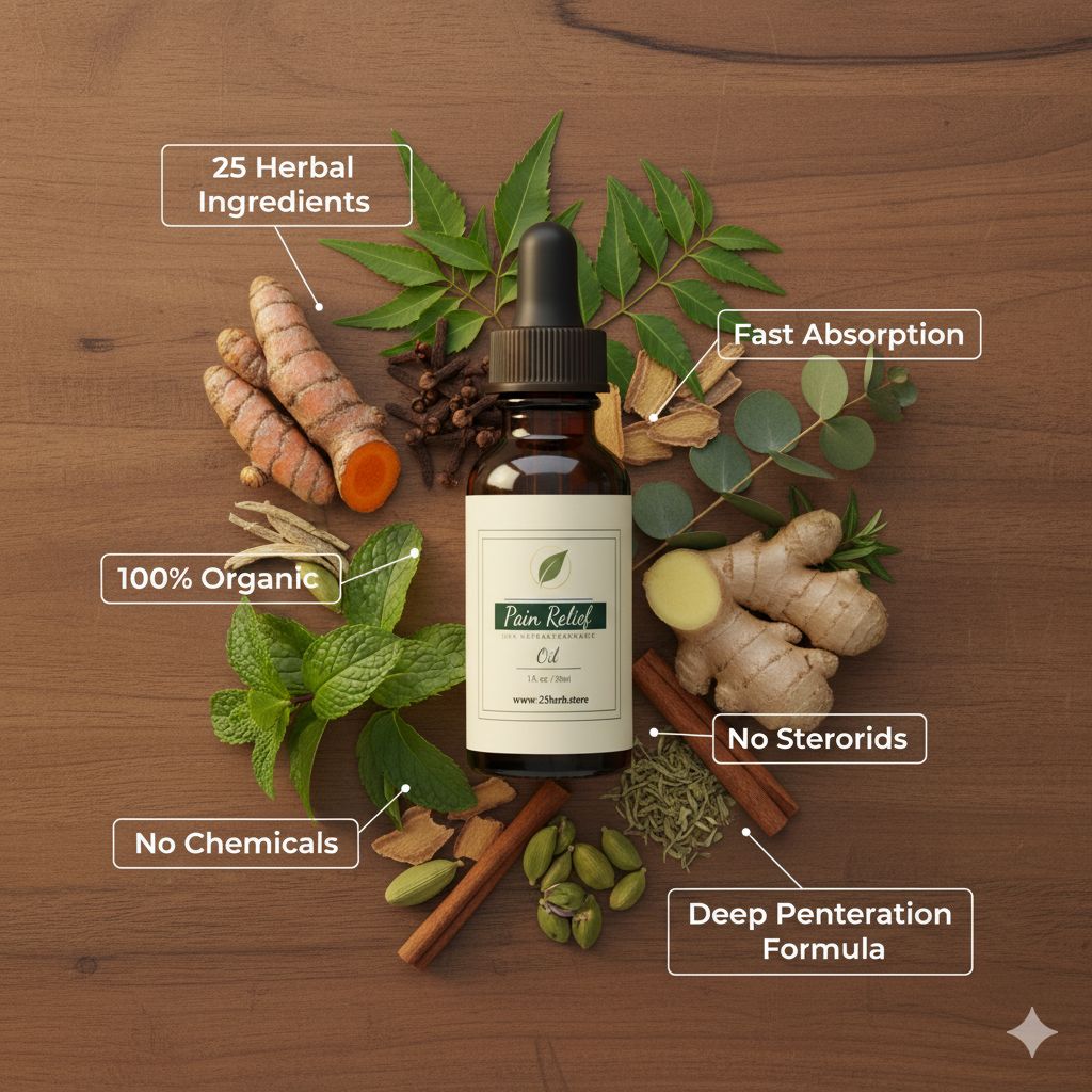 25herb Organic Pain Relief Oil – 25 Herbal Ingredients | 100% Natural & Chemical-Free